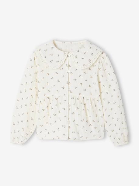 Meisjesblouse van katoenen gaas met kraag met Engels borduurwerk ecru+pruim - vertbaudet enfant 