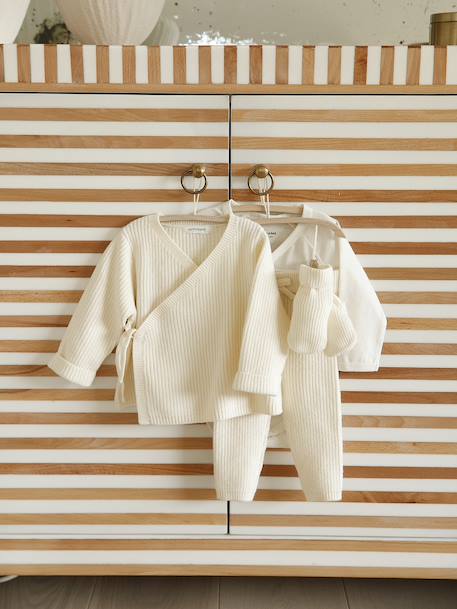 Babypakje 4-delige set in effen tricot vestje + broek + sloffen + body ecru - vertbaudet enfant 