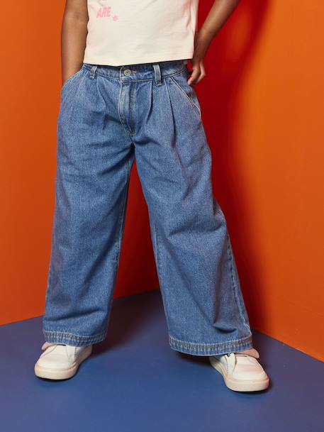 Wijde jeans met plooien voor meisjes denimgrijs+middenblauw - vertbaudet enfant 