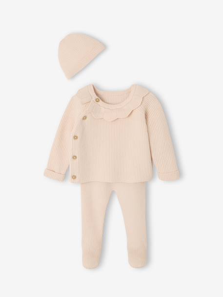 3-delige babyset met gebreid vestje + broek + muts gemêleerd grijs+rozen - vertbaudet enfant 