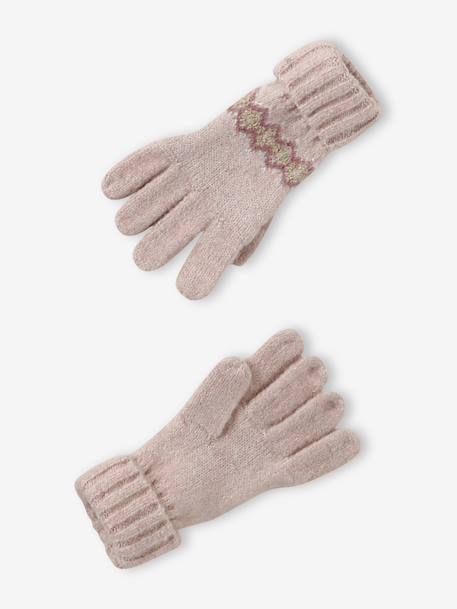 Jacquard babyset muts + snood + wanten/handschoenen voor meisjes ecru+rozen - vertbaudet enfant 