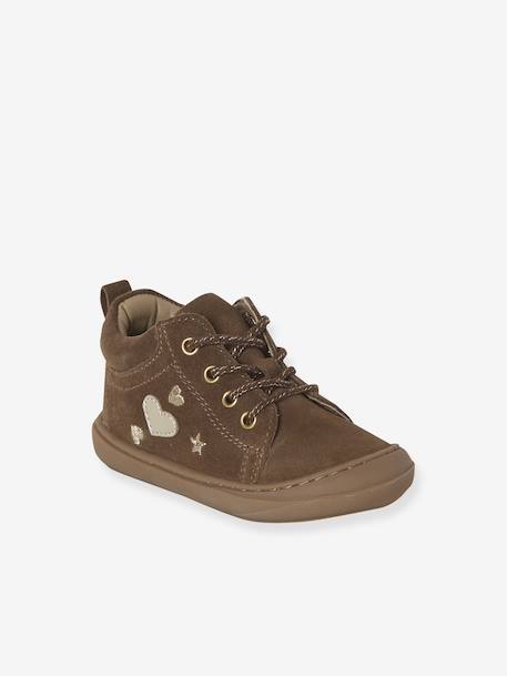 Baby eerste stapjes, veterschoenen van soepel leer bruin+donkerbruin+fuchsia+goudgeel+rozen - vertbaudet enfant 
