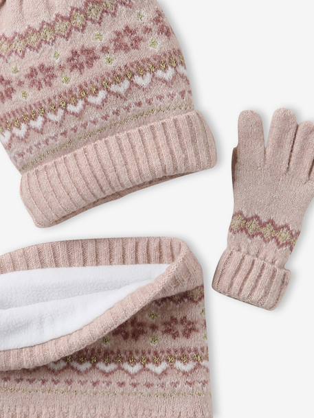 Jacquard babyset muts + snood + wanten/handschoenen voor meisjes ecru+rozen - vertbaudet enfant 