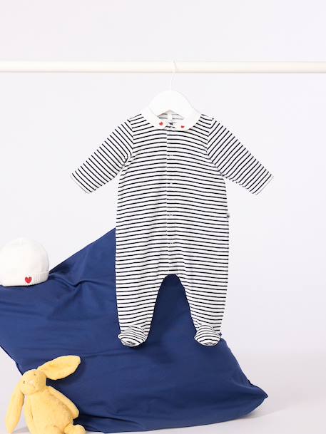 Baby pyjama in fluweel / velours met PETIT BATEAU print op de kraag marineblauw - vertbaudet enfant 