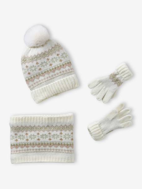 Jacquard babyset muts + snood + wanten/handschoenen voor meisjes ecru+rozen - vertbaudet enfant 