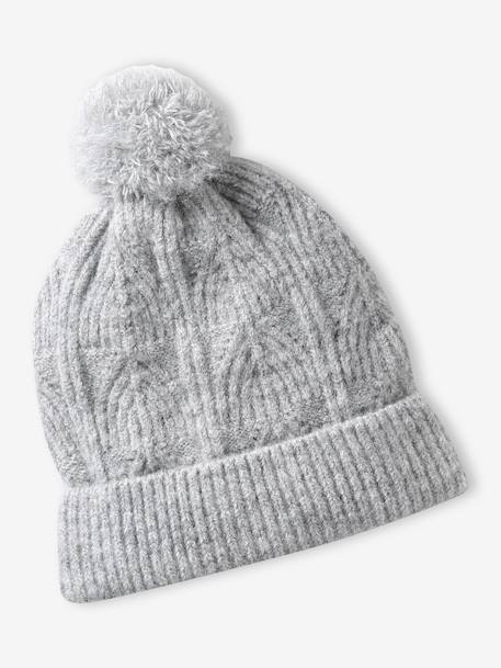 Set van muts + snood + wanten in kabelbreiwerk gemêleerd grijs+ROZE - vertbaudet enfant 