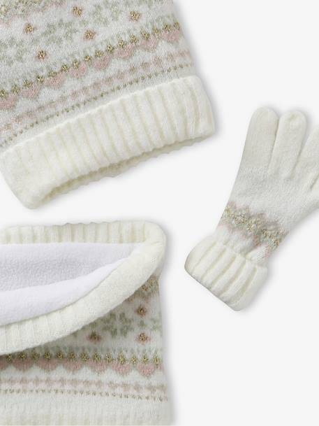 Jacquard babyset muts + snood + wanten/handschoenen voor meisjes ecru+rozen - vertbaudet enfant 