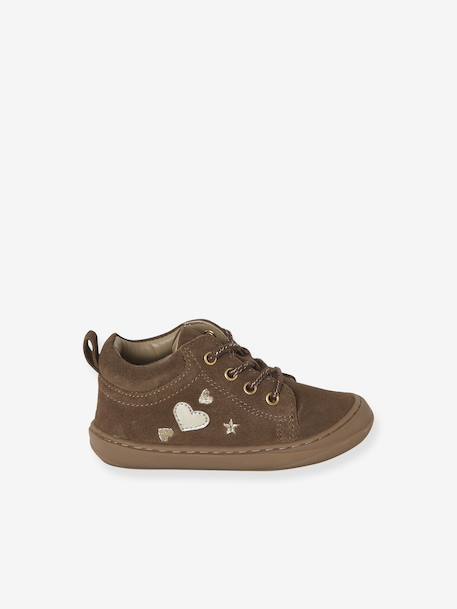 Baby eerste stapjes, veterschoenen van soepel leer bruin+donkerbruin+fuchsia+goudgeel+rozen - vertbaudet enfant 