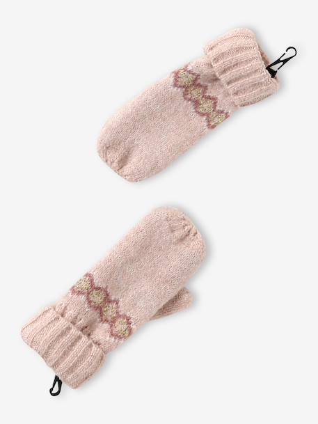 Jacquard babyset muts + snood + wanten/handschoenen voor meisjes ecru+rozen - vertbaudet enfant 