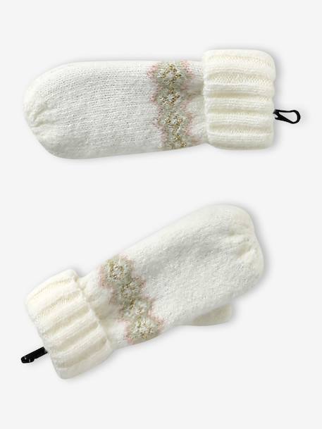 Jacquard babyset muts + snood + wanten/handschoenen voor meisjes ecru+rozen - vertbaudet enfant 