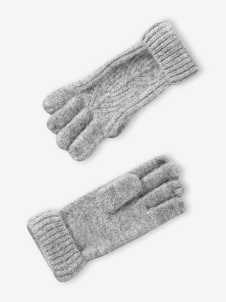 Set van muts + snood + wanten in kabelbreiwerk gemêleerd grijs+ROZE - vertbaudet enfant 