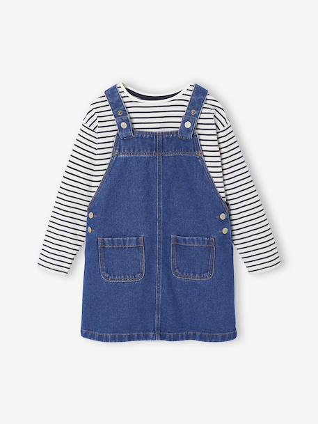 Set salopette-jurk van spijkerstof en gestreept T-shirt voor meisjes middenblauw - vertbaudet enfant 