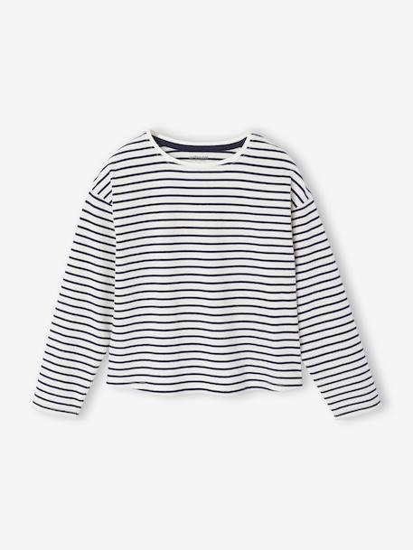 Set salopette-jurk van spijkerstof en gestreept T-shirt voor meisjes middenblauw - vertbaudet enfant 