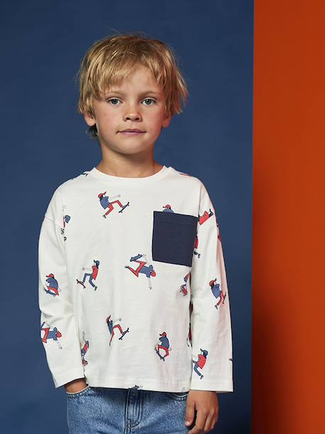 T-shirt met lange mouwen met jongensprint HAPPY LA wit, bedrukt - vertbaudet enfant 