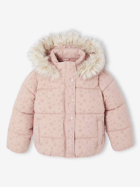 Donsjack met capuchon voor meisjes met fleece voering antraciet+goud+roze (poederkleur) - vertbaudet enfant 