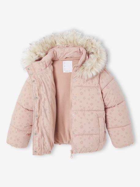 Donsjack met capuchon voor meisjes met fleece voering antraciet+goud+roze (poederkleur) - vertbaudet enfant 