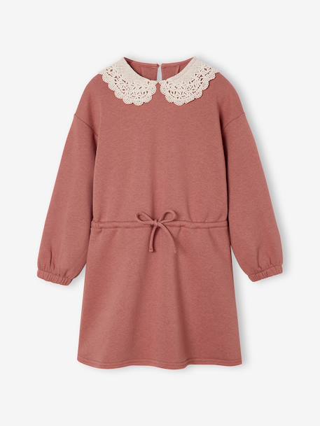 Meisjesjurk van sweaterstof met macramé kraag leigrijs+rozenhout - vertbaudet enfant 