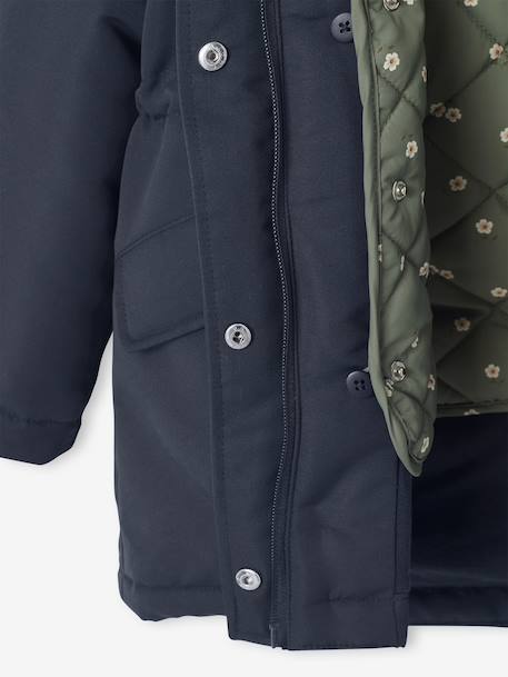 Parka met capuchon 3 in 1 meisjes parka + gewatteerde jas marineblauw+rozenhout - vertbaudet enfant 