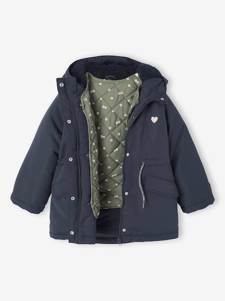 Parka met capuchon 3 in 1 meisjes parka + gewatteerde jas marineblauw+rozenhout - vertbaudet enfant 