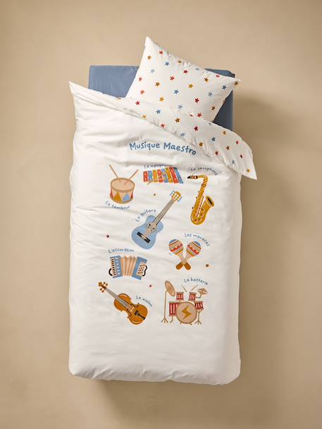 Bedset dekbedovertrek + kussensloop voor kinderen MUSIQUE LEXIQUE met gerecycled katoen wit, bedrukt - vertbaudet enfant 
