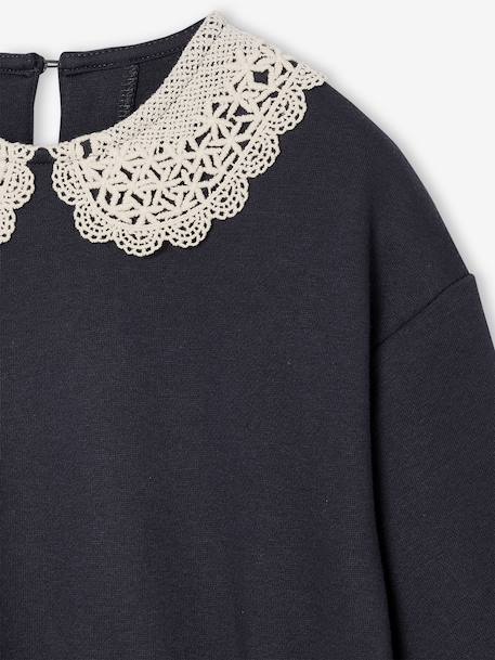Meisjesjurk van sweaterstof met macramé kraag leigrijs+rozenhout - vertbaudet enfant 