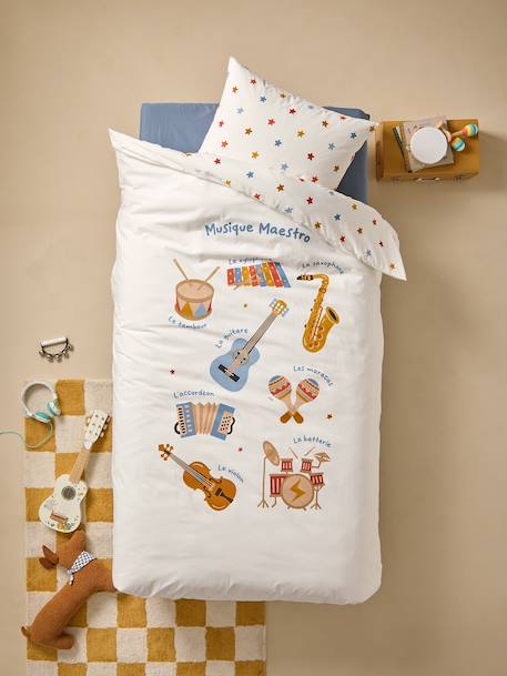 Bedset dekbedovertrek + kussensloop voor kinderen MUSIQUE LEXIQUE met gerecycled katoen wit, bedrukt - vertbaudet enfant 