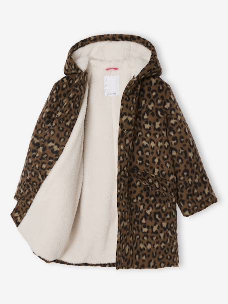 Mantel met capuchon van Laine stof met luipaardprint voor meisjes bruin - vertbaudet enfant 