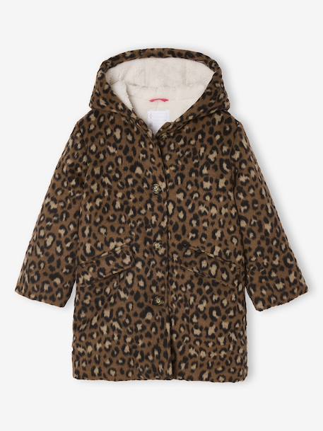 Mantel met capuchon van Laine stof met luipaardprint voor meisjes bruin - vertbaudet enfant 