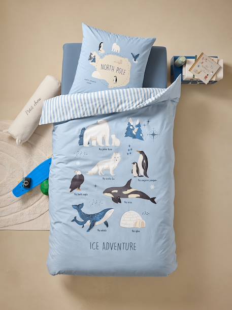 Bedset dekbedovertrek + kussensloop voor kinderen PÔLE NORD, met gerecycled katoen oceaanblauw - vertbaudet enfant 