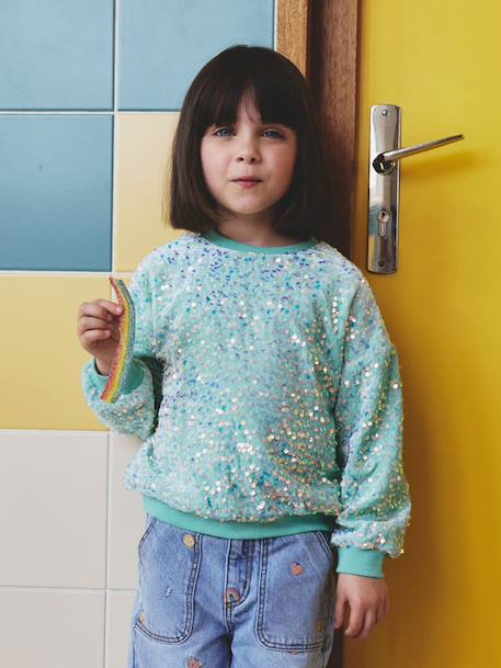 Sweater met pailletten voor meisjes turquoiseblauw+zachtpaars - vertbaudet enfant 