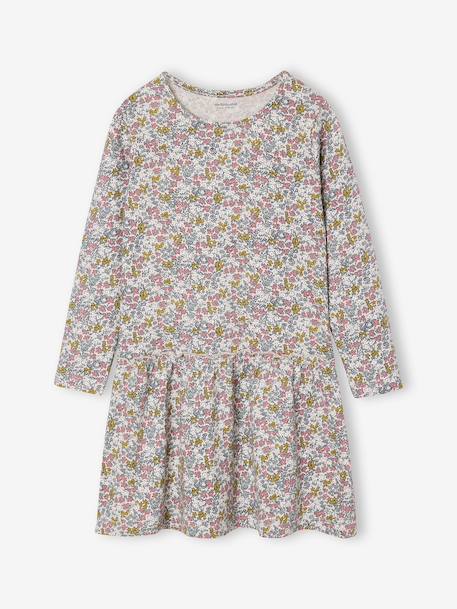 Meisjesjurk met print antraciet+beige (poederkleur)+rozen - vertbaudet enfant 