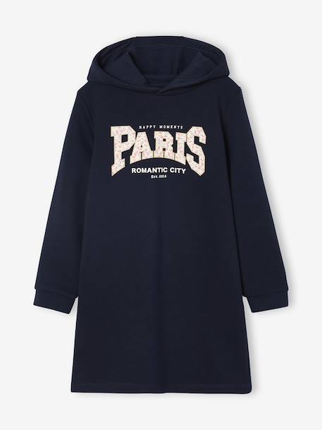 Meisjesjurk van sweatstof met capuchon en mooie details antraciet+gemêleerd grijs+groen+marineblauw - vertbaudet enfant 