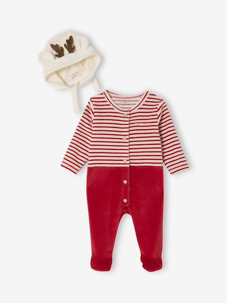 Kerstpyjama en muts baby in fluweel / velours ENVIE DE FRAISE, personaliseerbaar rood - vertbaudet enfant 