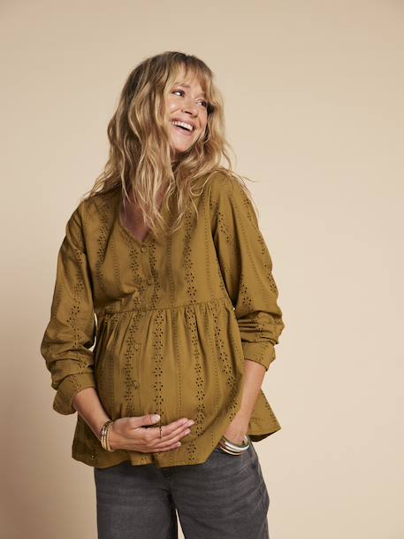 Blouse voor zwangerschap en borstvoeding in Engels borduurwerk ENVIE DE FRAISE olijf+zwart - vertbaudet enfant 