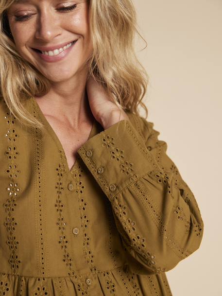 Blouse voor zwangerschap en borstvoeding in Engels borduurwerk ENVIE DE FRAISE olijf+zwart - vertbaudet enfant 
