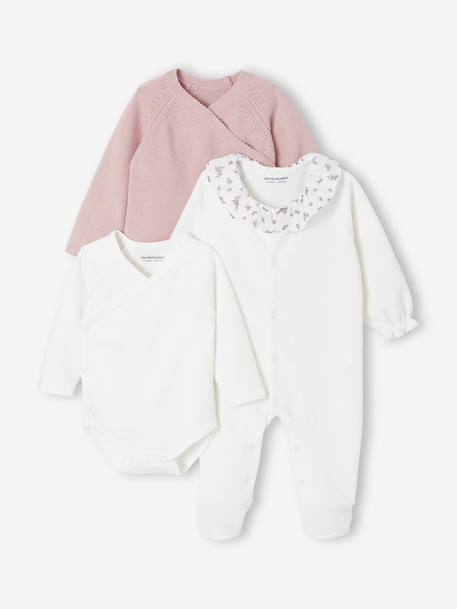 Babypakje 3-delige set in effen tricot vestje + babyslaappakje + body rozen - vertbaudet enfant 