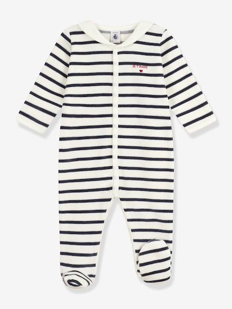 Gemengde baby pyjama in fluweel / velours met PETIT BATEAU streepjesprint marineblauw - vertbaudet enfant 