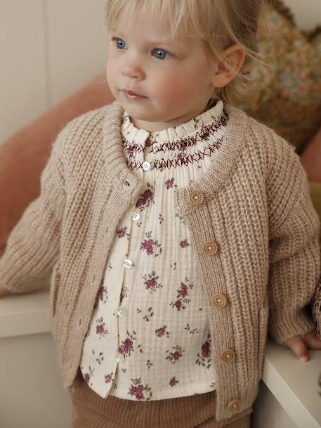 Babyvestje van grof gebreid breisel gemêleerd beige+saliegroen - vertbaudet enfant 