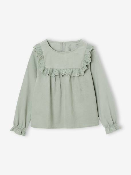 Fluwelen meisjesblouse met ruches en Engels borduursel groengrijs+roze (poederkleur) - vertbaudet enfant 