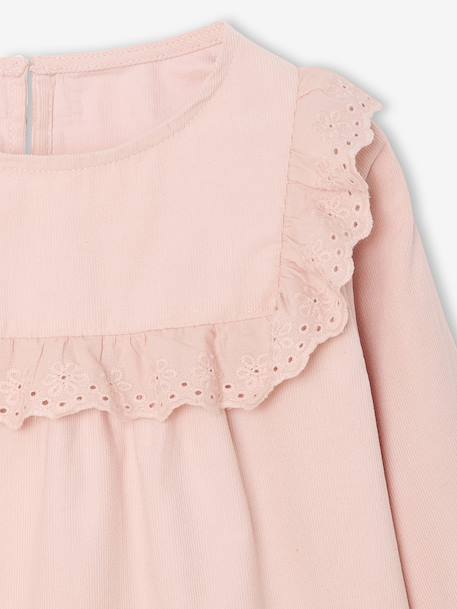 Fluwelen meisjesblouse met ruches en Engels borduursel groengrijs+roze (poederkleur) - vertbaudet enfant 