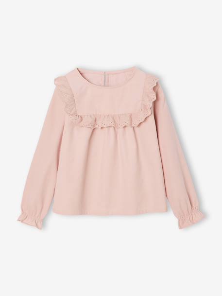 Fluwelen meisjesblouse met ruches en Engels borduursel groengrijs+roze (poederkleur) - vertbaudet enfant 