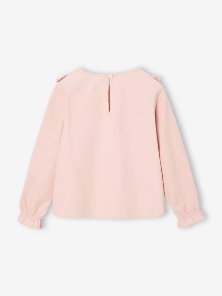 Fluwelen meisjesblouse met ruches en Engels borduursel groengrijs+roze (poederkleur) - vertbaudet enfant 