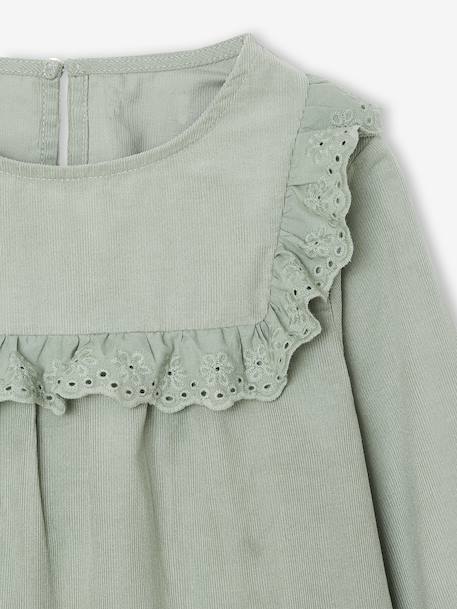 Fluwelen meisjesblouse met ruches en Engels borduursel groengrijs+roze (poederkleur) - vertbaudet enfant 
