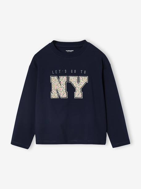 T-shirt met lange mouwen en letters voor meisjes ecru+marineblauw - vertbaudet enfant 