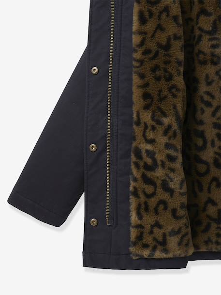 Korte parka voor meisjes met luipaardvoering CYRILLUS inktblauw - vertbaudet enfant 