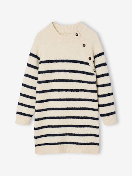 Gestreept jurk in trui voor meisjes ecru+marineblauw - vertbaudet enfant 