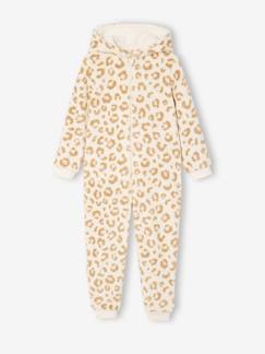 Meisje-Meisjespyjama jumpsuit met luipaardprint van sherpa