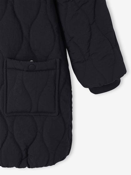 Lange donsjack met capuchon voor meisjes, gevoerd met imitatiebont kaki+zwart - vertbaudet enfant 