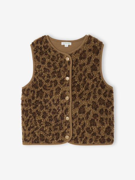 Mouwloos meisjesvestje van sherpa met luipaardprint bruin+ecru - vertbaudet enfant 