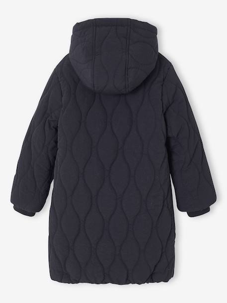 Lange donsjack met capuchon voor meisjes, gevoerd met imitatiebont kaki+zwart - vertbaudet enfant 